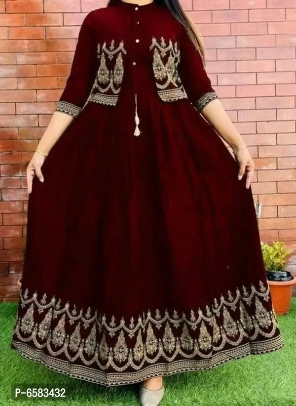 Alluring Maroon Rayon Embroidered Kurta with Jacket Set For Women