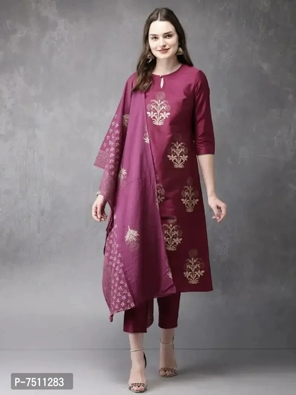 Stylish Cotton Printed Womens Kurti with Bottom and Dupatta