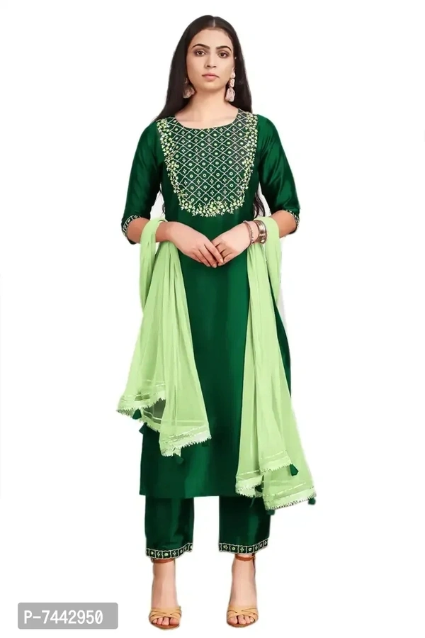Elite Green Cotton Embroidered Kurta with Pant And Dupatta Set For Women
