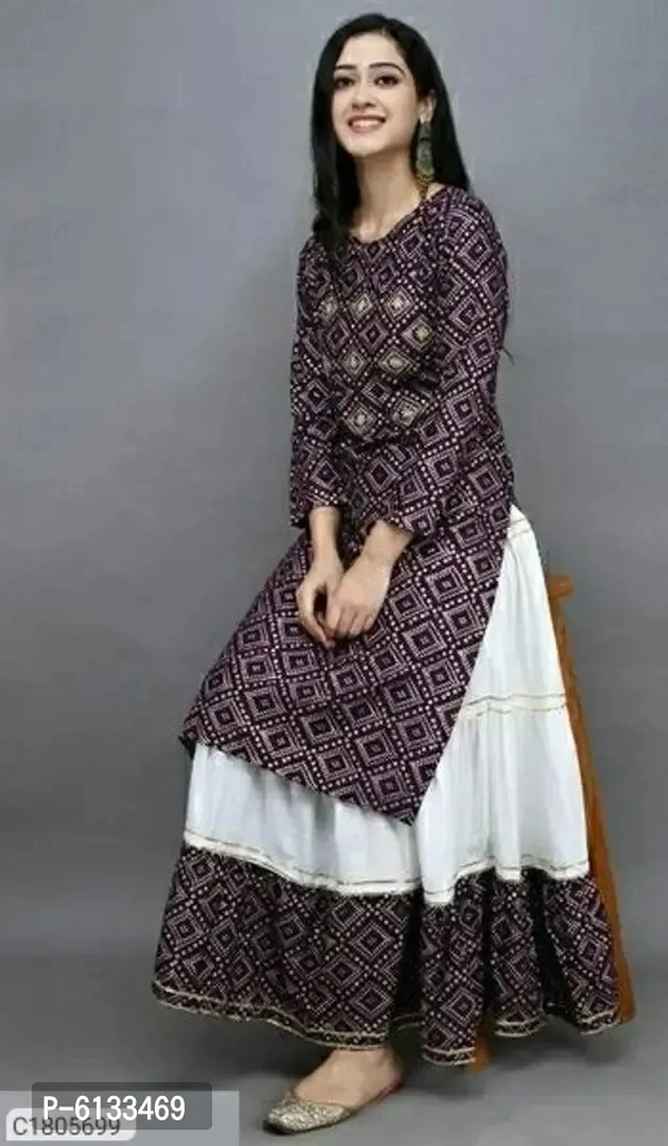 Stunning Purple Rayon Printed Kurta with Skirt Set For Women