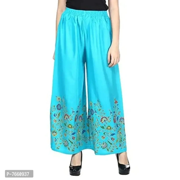 SriSaras Women's Rayon Bird Flower Print Loose fit Palazzos (Turquoise, Free Size 28 to 40 Inches)