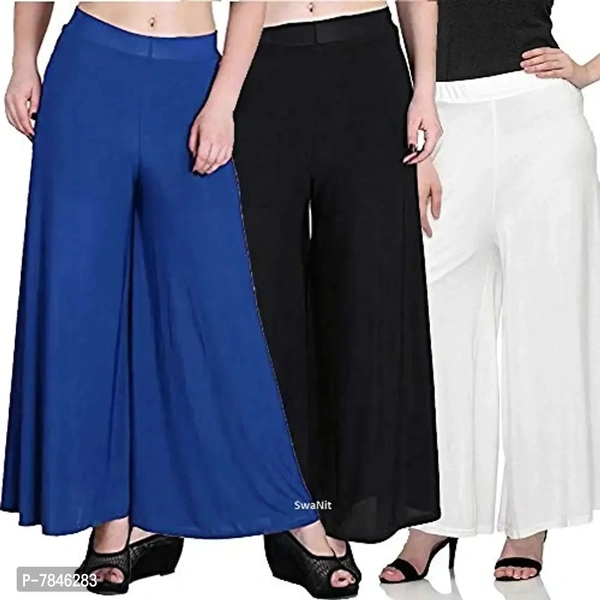 SwaNit Women's Loose Fit Palazzos (Pack of 3) (SDMP-BluBW3_Blue, Black & White_Free Size)
