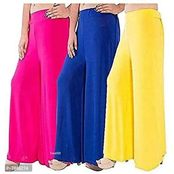 SwaNit Women's Loose Fit Palazzos (Pack of 3) (SDMP-PBluY3_Pink, Blue & Yellow_Free Size)