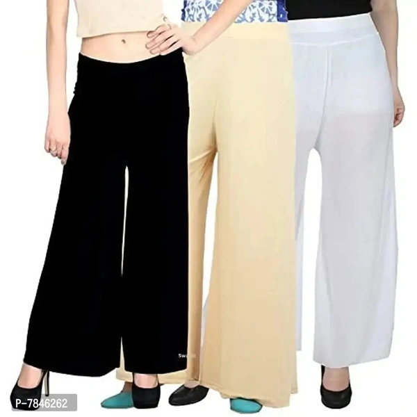 SwaNit Women's Loose Fit Palazzos - Pack of 3 (Black, Skin, White, Free Size)