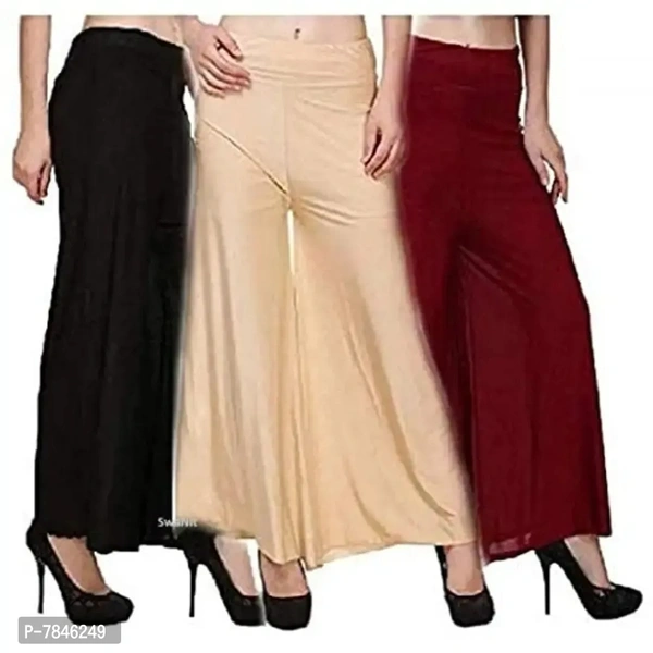 SwaNit Women's Loose Fit Palazzo Pants (Pack of 3) (SDMP-BSM3_Black, Skin & Maroon_Free Size)