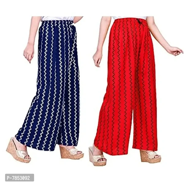Full Length Printed Rayon Palazzo for Girls and Women with miyani and dori. Pack of 2 (Free Size, Red-Navy Blue)