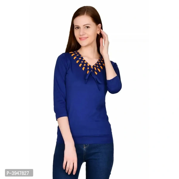 Women's Cotton 3/4 Sleeve V Neck Solid Royal Blue Top