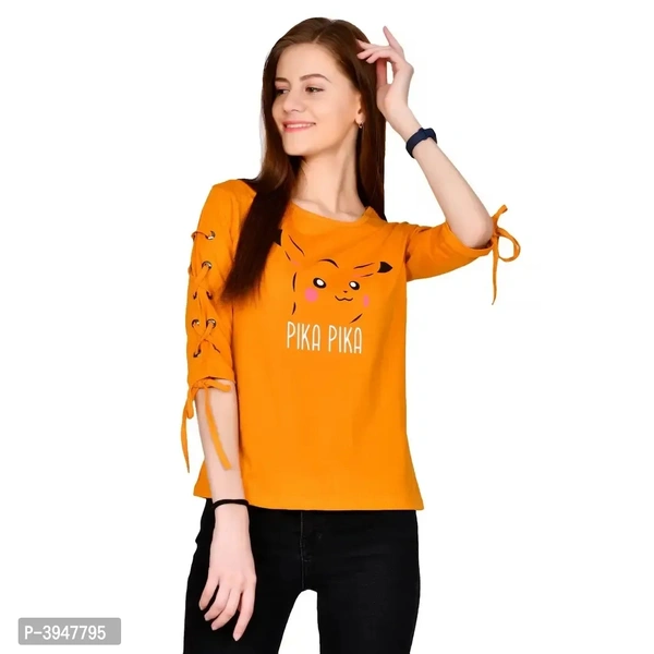Women's Cotton 3/4 Sleeve Round Neck Printed Orange Top