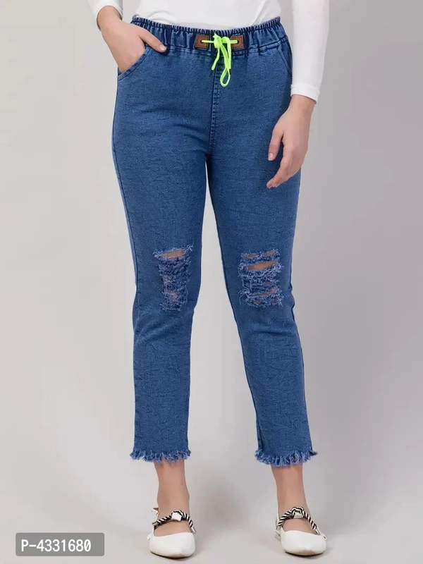 Womens Stylish Blue Distress Denim Mid-Rise Jeans