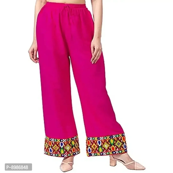 SIRTEX EAZY Tradional Heavy Lace Border Palazzo Pants for Women Rayon Palazzo, Heavy Embroidery Mirror Work at Bottom(Free Size) (Pink)