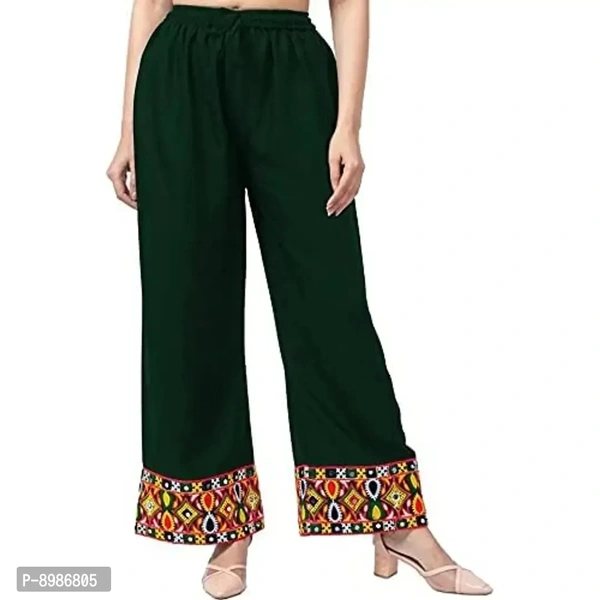 SIRTEX EAZY Tradional Heavy Lace Border Palazzo Pants for Women Rayon Palazzo, Heavy Embroidery Mirror Work at Bottom(Free Size) (Bottle Green)