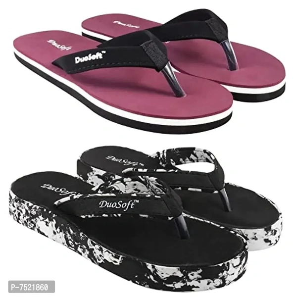 Duosoft Stylish Comfort Super Soft, Fabrication Flip Flop Slippers For Womens Girls, Material: Eva, (Ds-004-Mix_Ds-011-Blk), Size: 4 To 8, Pack Of 2.