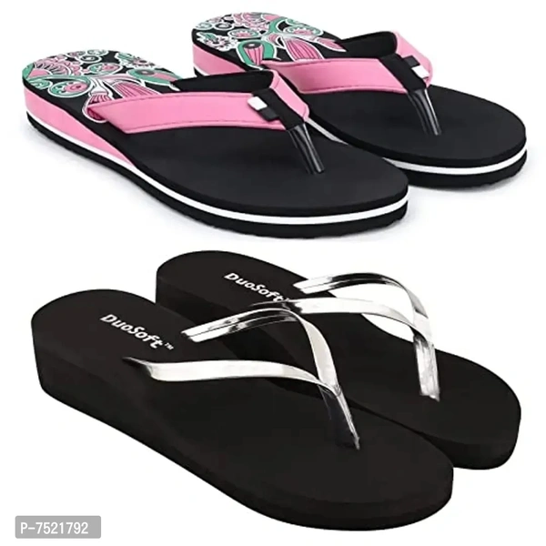 Duosoft Stylish Comfort Super Soft, Fabrication Flip Flop Slippers For Womens Girls, Material: Eva, (Ds-002-Mix_Ds-009-Blk), Size: 4 To 8, Pack Of 2.