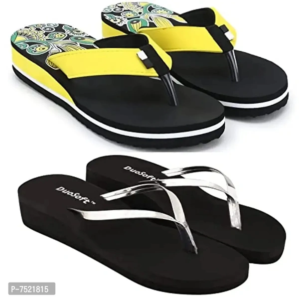 Duosoft Stylish Comfort Super Soft, Fabrication Flip Flop Slippers For Womens Girls, Material: Eva, (Ds-002-Mix_Ds-009-Blk), Size: 4 To 8, Pack Of 2.