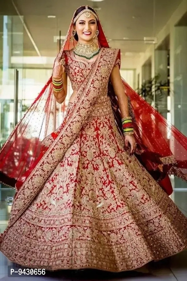 Womens Satin Embroidered Semi Stitched Lehenga Choli Dupatta Set