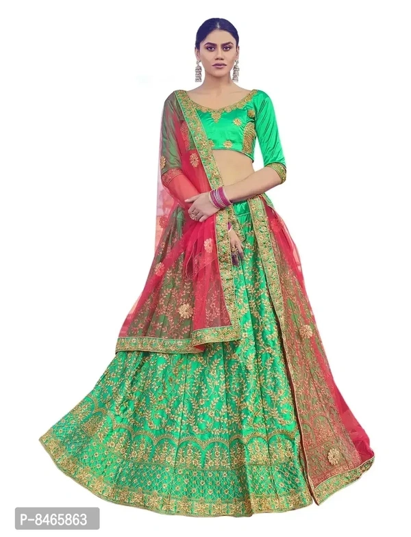 Women Green Colour Sattin Silk Embroidered Flaired Lehenga Choli