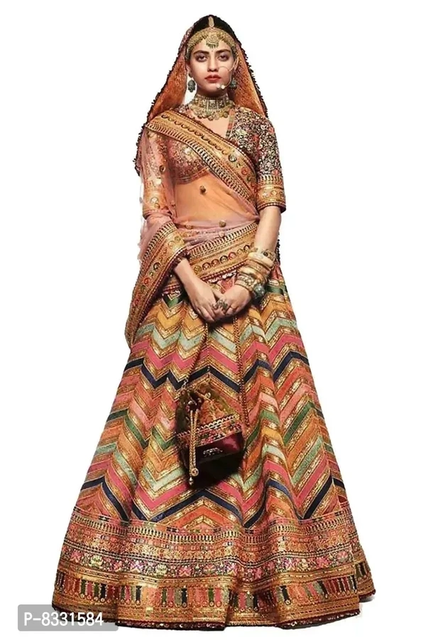 Stylish Multicoloured Satin Lehenga with Choli And Dupatta Set For Women