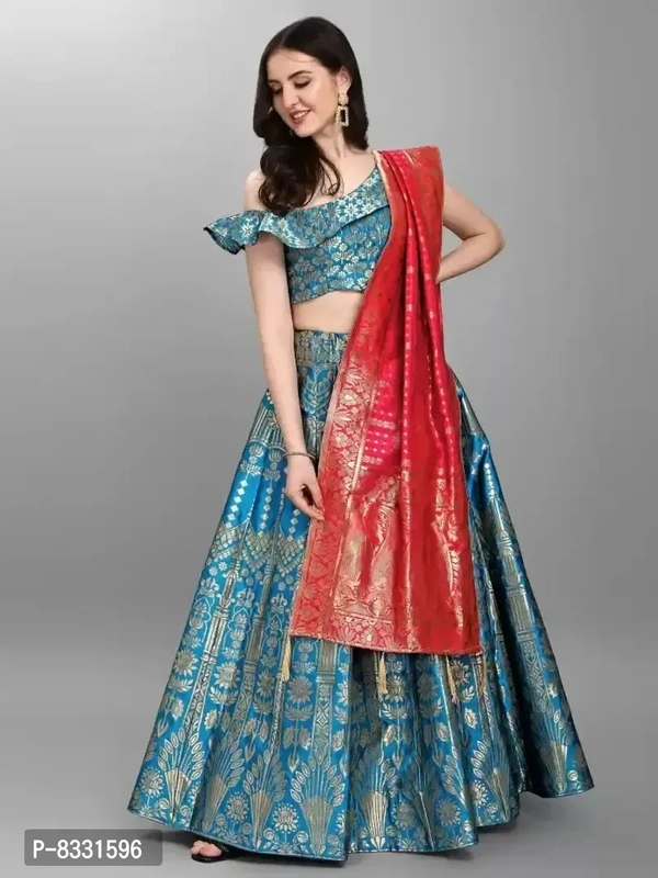 Stylish Turquoise Jacquard Lehenga with Choli And Dupatta Set For Women