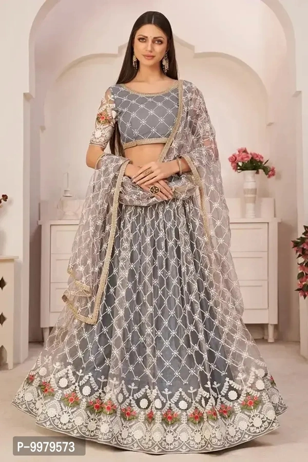 Tha Bats Selling designer Super Net With Silk Semi Stitched Lehenga Choli Free Size Grey Color