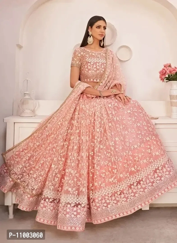 Womens Bridal Super Net With Silk Semi Stitched Lehenga Choli (Free Size)