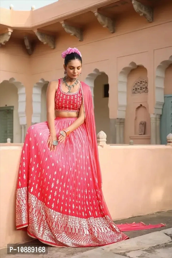 Stylish Pink Chinnon Silk Embroidered Lehenga Choli Set With Dupatta For Women