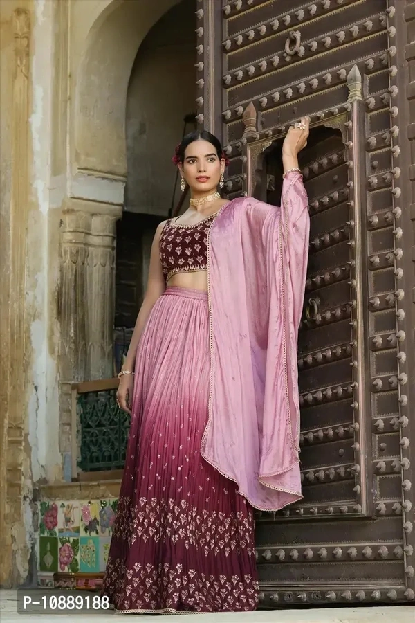 Stylish Brown Chinnon Silk Embroidered Lehenga Choli Set With Dupatta For Women