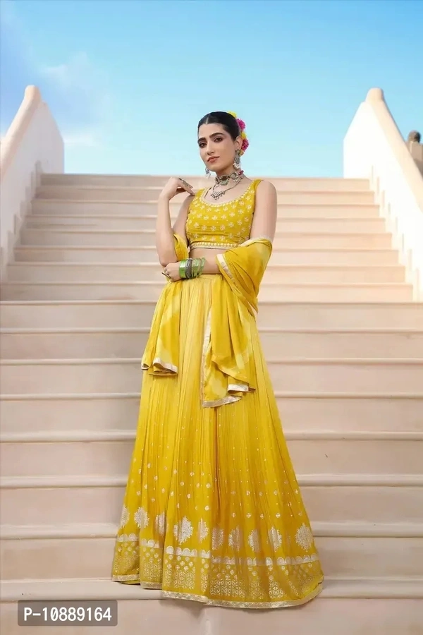 Stylish Yellow Chinnon Silk Embroidered Lehenga Choli Set With Dupatta For Women