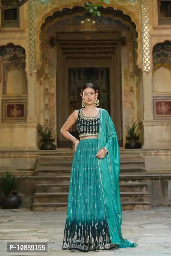 Stylish Green Chinnon Silk Embroidered Lehenga Choli Set With Dupatta For Women