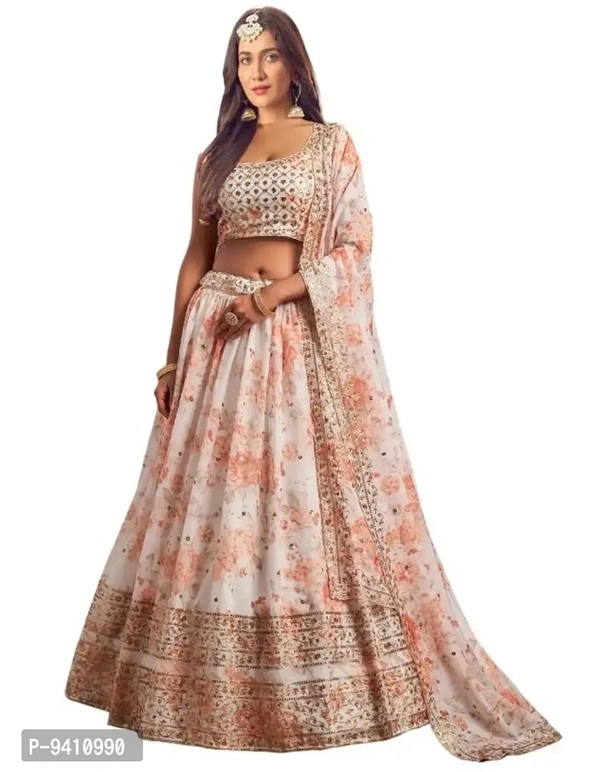 Trendy White Georgette Lehenga Choli With Dupatta Set For Women