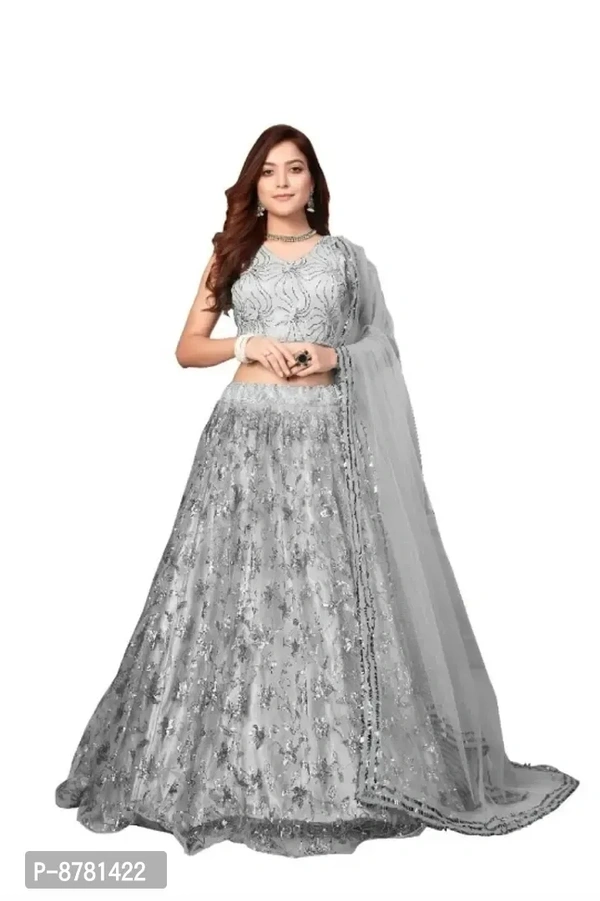 Stylish Grey Net Embroidered Semi Stitched Lehenga Choli with Dupatta For Women