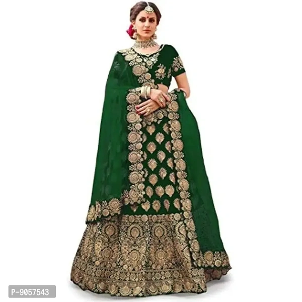 Women's Satin Embroidered Semi Stitched Lehenga Choli (GREEN)