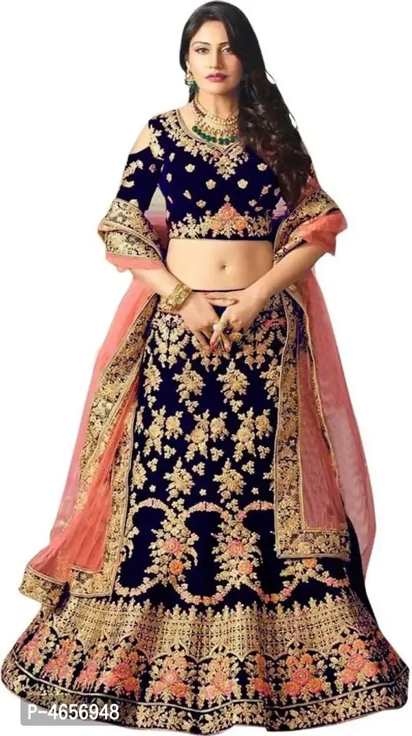 Trendy Navy Blue Silk Embroidered Semi-Stitched Lehenga Choli With Dupatta Set For Women