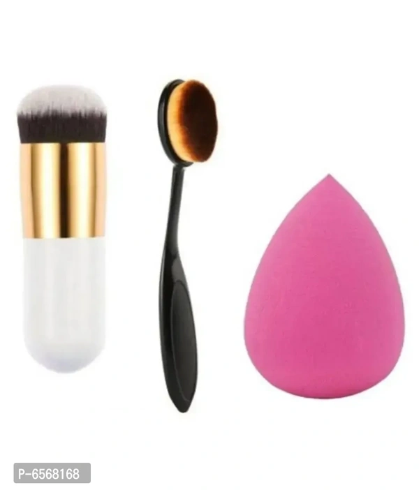 Lenon Beauty Makeup Foundation Brush White, Oval Foundation Brush and Makeup Sponge Pack of 3 