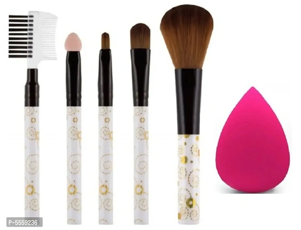 Makeup Brush Set Of 5 With 1 Beauty Blender Sponge Puff (Color May Vary)(6 Item In Set)