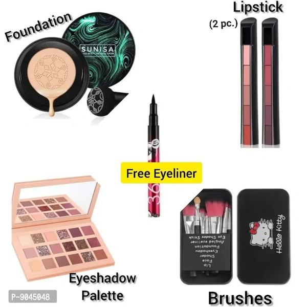 .Ultimate Makeup Combo for Girls Sunisa 3 in 1 Foundation,Nude Eyeshadow,Hello Kitty 2PC Lipstick with Free 36H Eyeliner