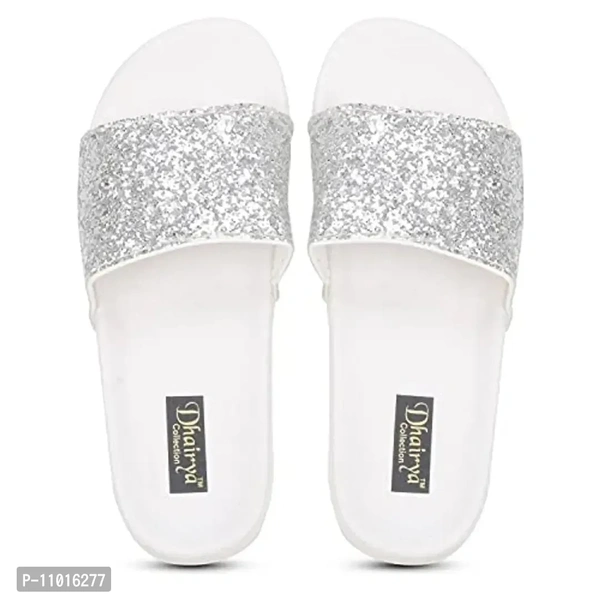 Ladies Latest Stylish Sparkle Flip Flop Slipper (White, numeric_6)