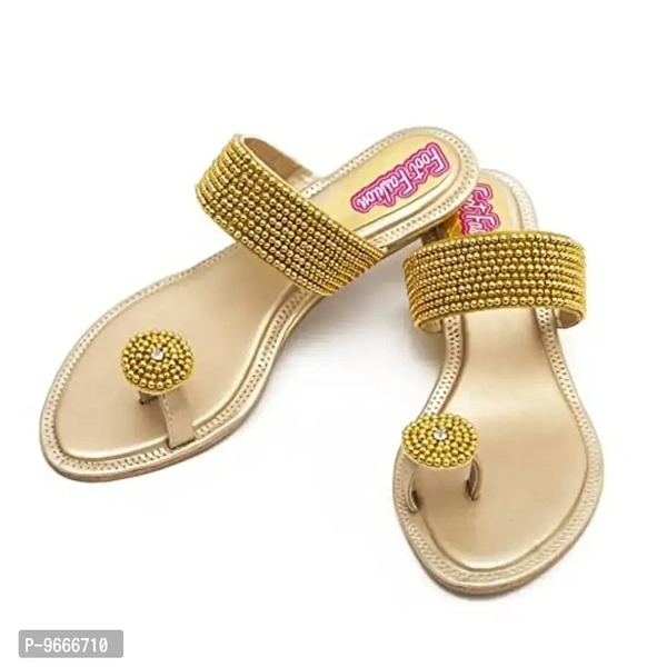 Honey Step Women's Golden Cream Flats Synthetic Leather Sandals - 7 UK