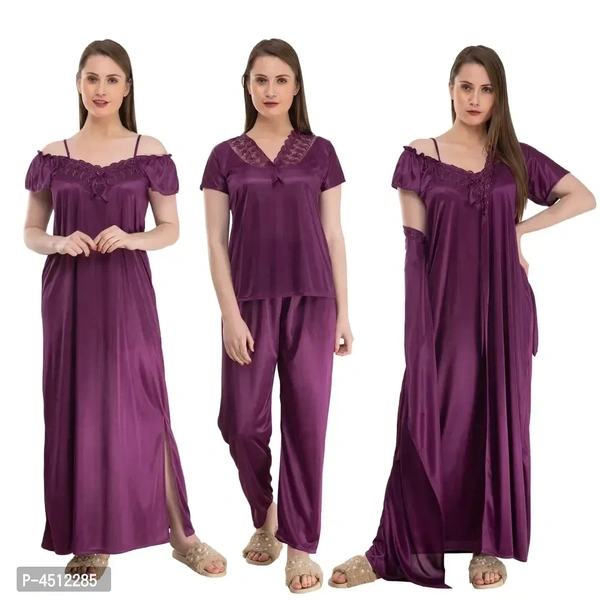 Purple Trendy Women's Satin 4Pcs Night Wear Set
