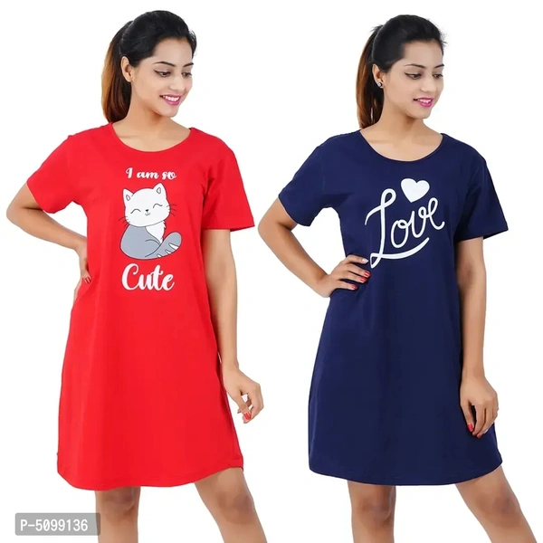 Printed Cotton Short Sleeves I am So Cute Red Love Navy Night Dress For Women ( Combo )