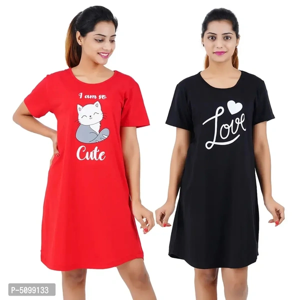 Printed Cotton Short Sleeves I am So Cute Red Love Black Night Dress For Women ( Combo )