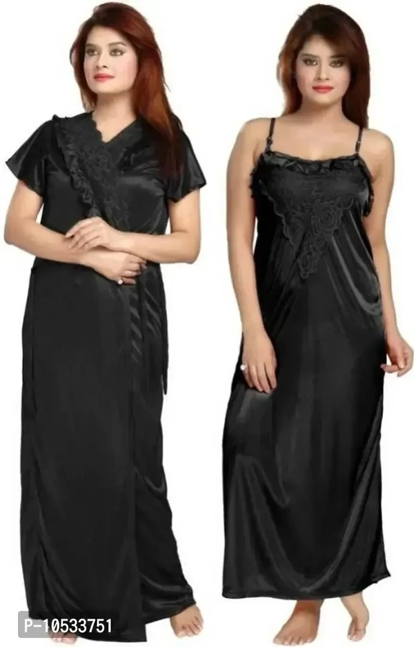 Gwachi Womens Satin Solid Maxi Night Gown (GW_VN_2010_2Pcs_Set_Free Size