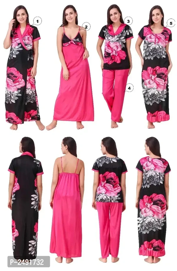 Pink Satin Printed Nightdress Set of 4 Piece