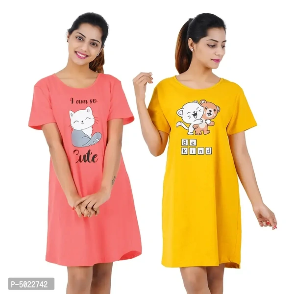 Printed Cotton Short Night Dress For Women 2 Pieces Combo I Am So Cute Tomato Red Be Kind Yellow