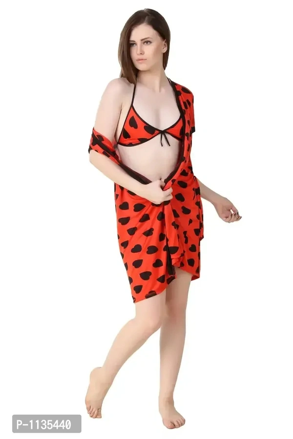 Women's Satin Half Sleeves Rob With Thong Set