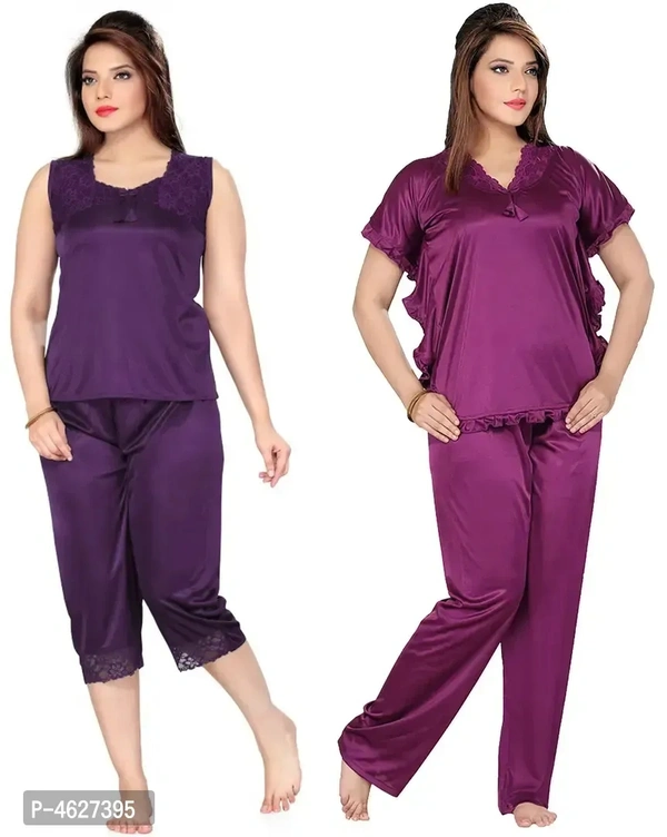 Womens'S Purple Purple Solid Satin Top Pyjama Set