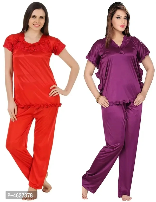 Womens'S Purple Red Solid Satin Top Pyjama Set