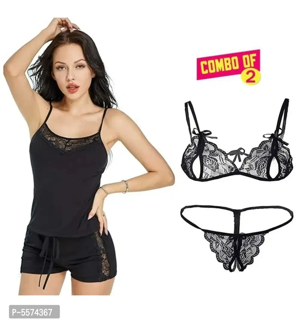 Women Fancy Lace Baby Doll Dresses Nightwear Black Color With Lingerie Set