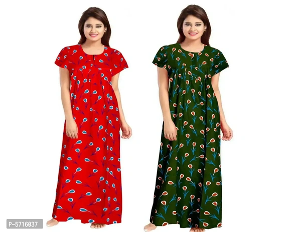 Stylish Cotton Round Neck Short Sleeves Red and Green Floral Print Night Gown For Women ( Pack Of 2 )