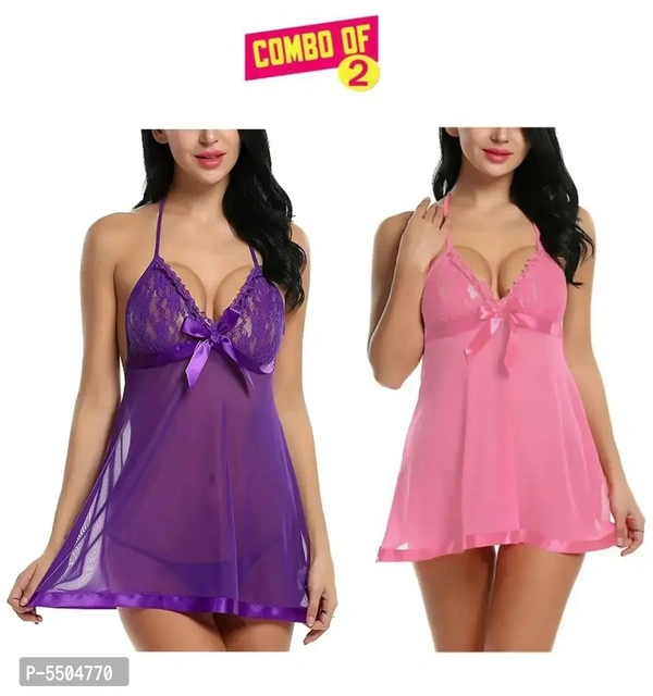 Women Fancy Lace Baby Doll Dresses Nightwear Purple and Pink Color