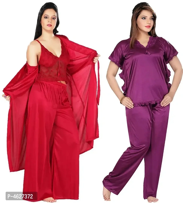 Womens'S Purple Red Solid Satin Top Pyjama Set
